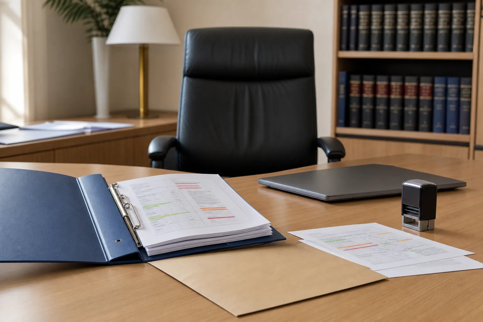 Bureau de direction générale avec parapheur, documents administratifs et repères de classement.