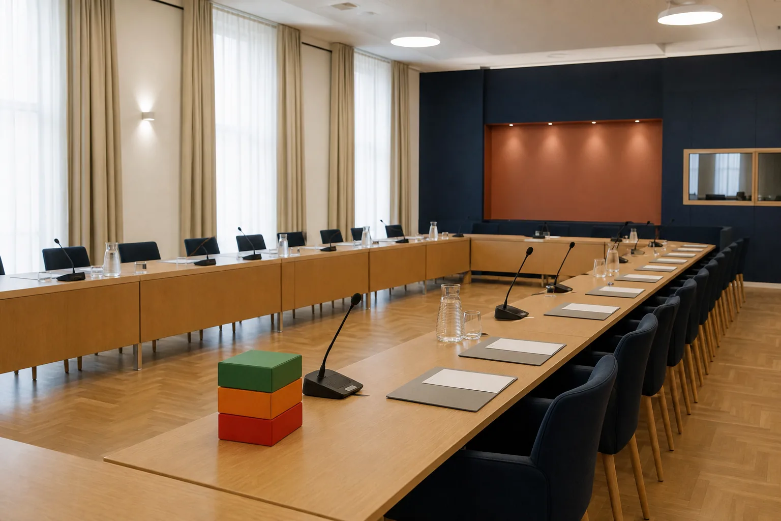 Salle de conseil vide avec dossiers, micros et repères vert orange rouge.